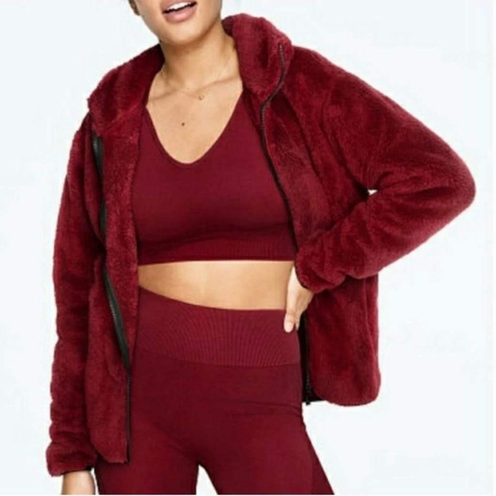 PINK Victoria's Secret Sherpa Fleece Full Zip Jacket Burgundy Maroon Womens XS